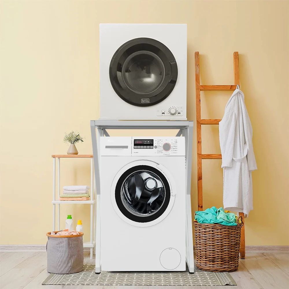 Dryer Stand Over Front Loading Washing Machine, 100kg Heavy Duty Steel Stacking Kit, 102x67x60cm Space Saving Shelf for Small Home, Anti - Slip Rubber Surface, Fits Tumble Dryers & Washers, White - Appliances > Washers, Dryers & Irons > Washing Machines - Rivercity House & Home Co. (ABN 18 642 972 209) - Affordable Modern Furniture Australia