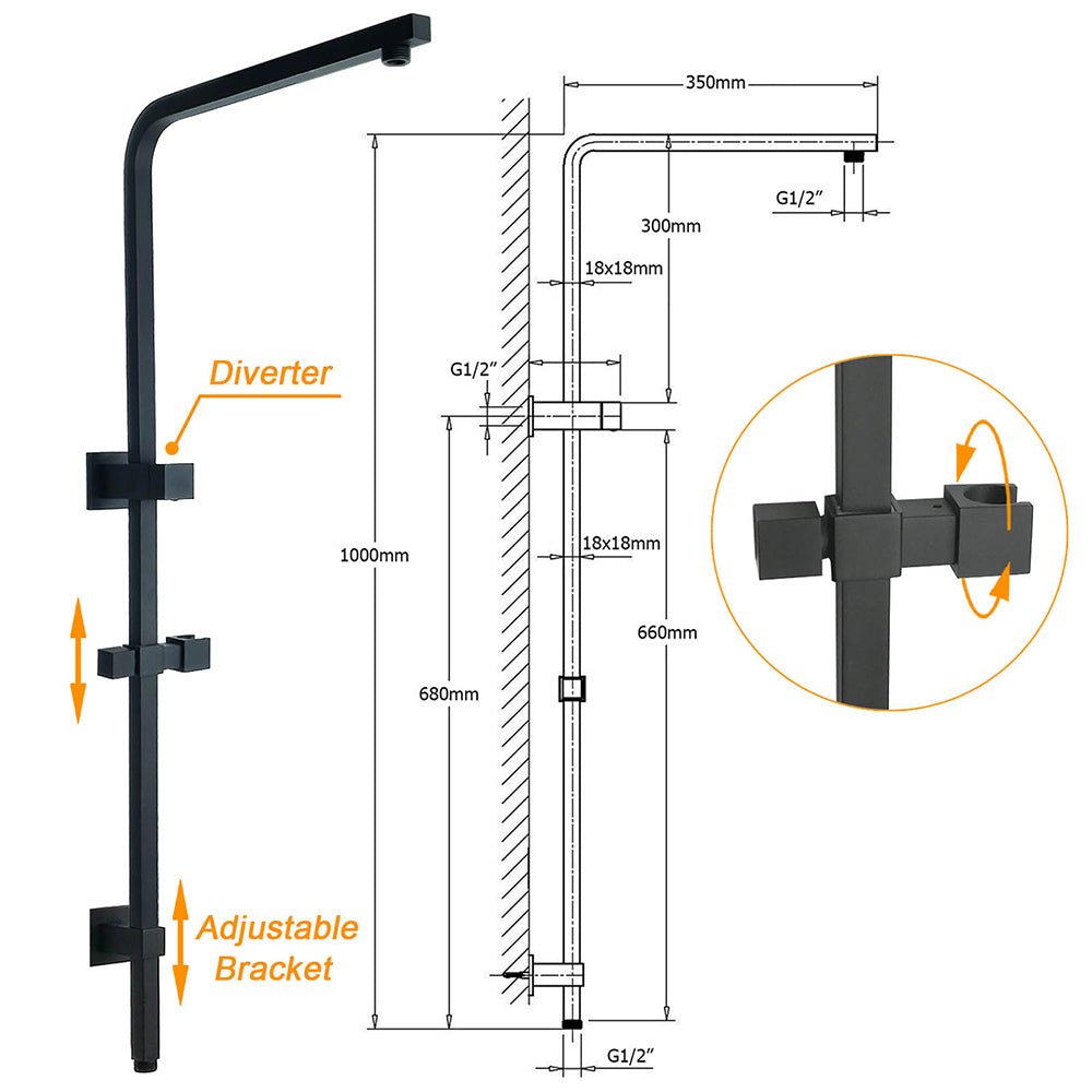 Dual Shower Square Large 12" Rainfall Head 3 Modes Handheld Wall Rail Matt Black - Furniture > Bathroom > Shower Heads & Screens - Rivercity House & Home Co. (ABN 18 642 972 209) - Affordable Modern Furniture Australia