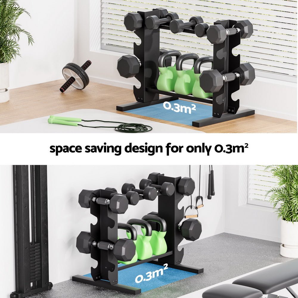 Dumbbell and Kettlebell Rack Stand 200kg Capacity 2-Tier - Black - Sports & Fitness > Exercise, Gym & Fitness > Free Weights - Rivercity House & Home Co. (ABN 18 642 972 209) - Affordable Modern Furniture Australia