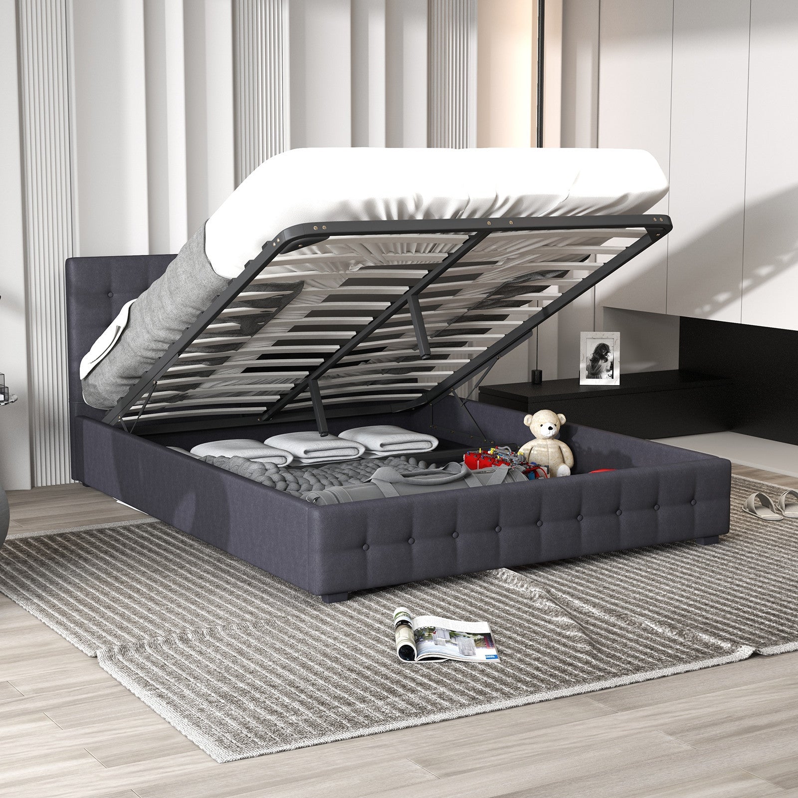 Eden Queen Gas Lift Bed Frame with Headboard - Dark Grey - Rivercity House & Home Co. (ABN 18 642 972 209) - Affordable Modern Furniture Australia