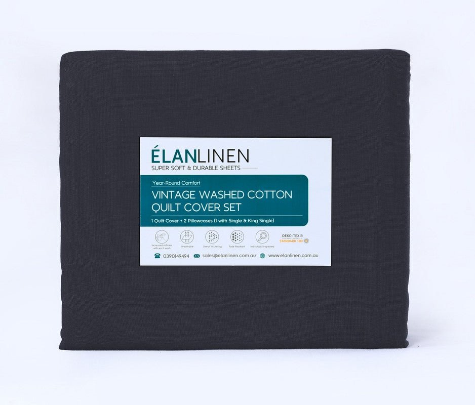 Elan Linen 100% Egyptian Cotton Vintage Washed 500TC Charcoal 50 cm Deep Mega Queen SIze Bed Sheets Set - Rivercity House & Home Co. (ABN 18 642 972 209) - Affordable Modern Furniture Australia