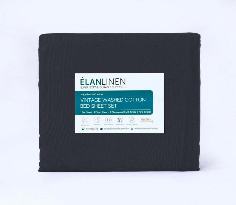 Elan Linen 100% Egyptian Cotton Vintage Washed 500TC Charcoal Single Bed Sheets Set - Rivercity House & Home Co. (ABN 18 642 972 209) - Affordable Modern Furniture Australia
