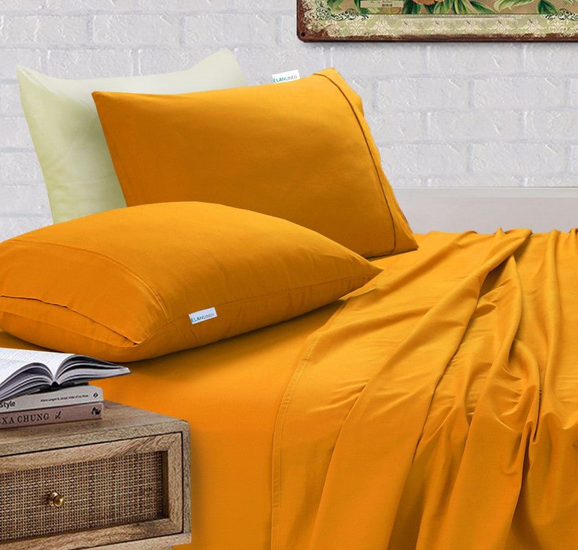 Elan Linen 100% Egyptian Cotton Vintage Washed 500TC Mustard Double Bed Sheets Set - Rivercity House & Home Co. (ABN 18 642 972 209) - Affordable Modern Furniture Australia