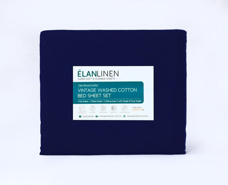 Elan Linen 100% Egyptian Cotton Vintage Washed 500TC Navy Blue King Single Bed Sheets Set - Rivercity House & Home Co. (ABN 18 642 972 209) - Affordable Modern Furniture Australia