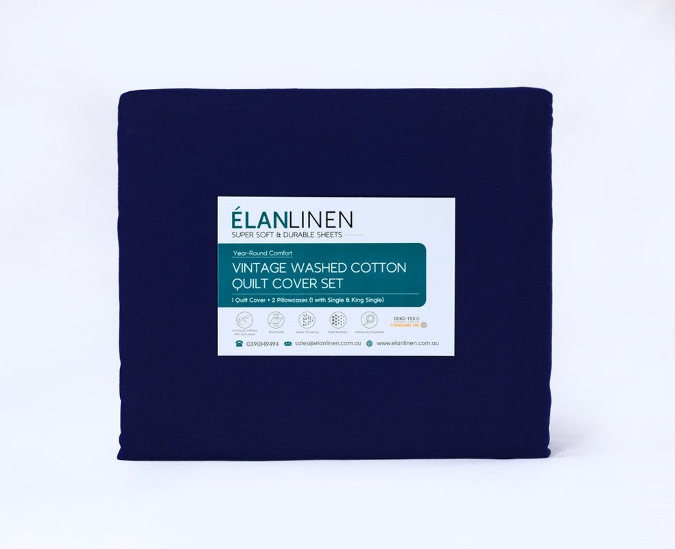Elan Linen 100% Egyptian Cotton Vintage Washed 500TC Navy Blue Queen Bed Sheets Set - Rivercity House & Home Co. (ABN 18 642 972 209) - Affordable Modern Furniture Australia