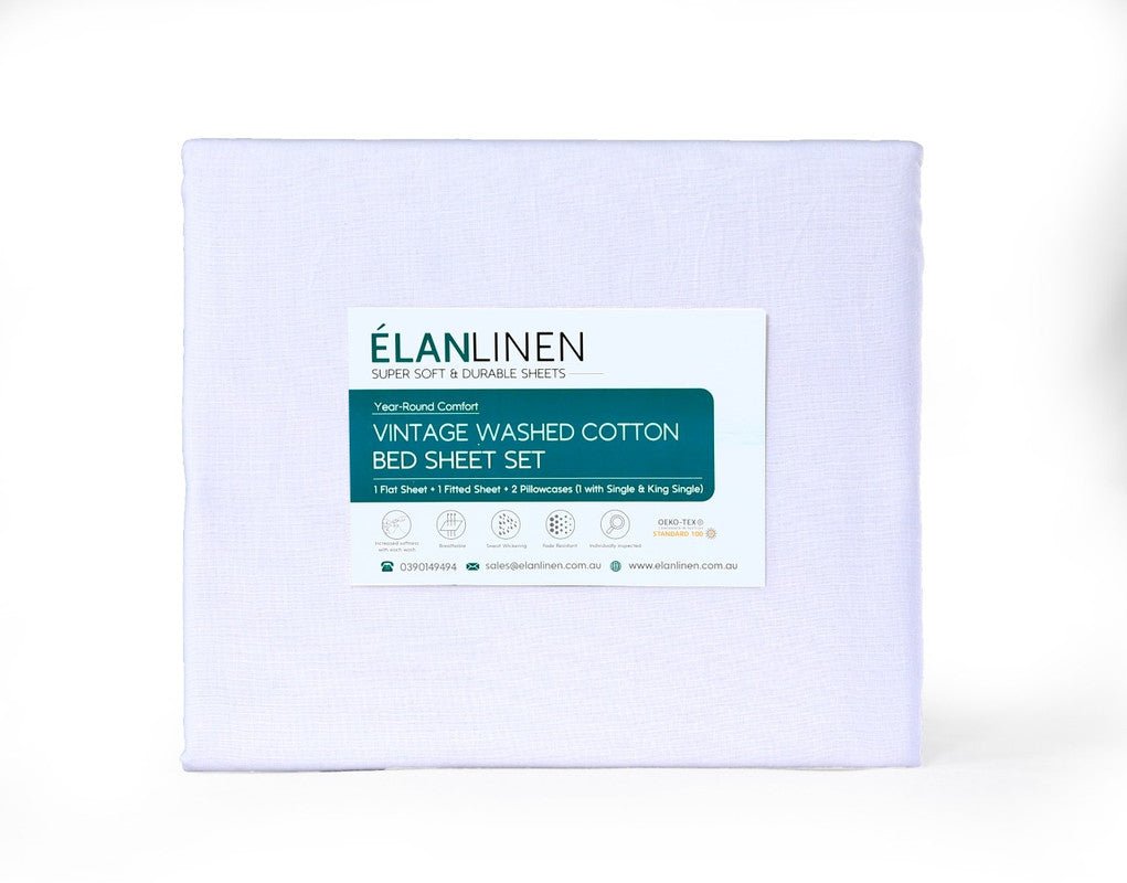 Elan Linen 100% Egyptian Cotton Vintage Washed 500TC White 50 cm deep Mega King Bed Sheets Set - Rivercity House & Home Co. (ABN 18 642 972 209) - Affordable Modern Furniture Australia