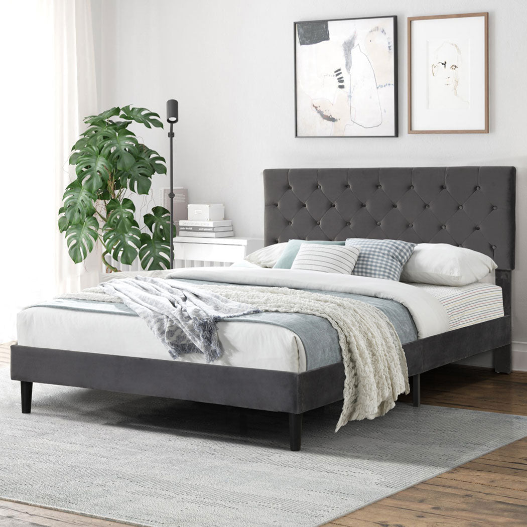 Elara Queen Bed Frame with Velvet Headboard – Grey - Rivercity House & Home Co. (ABN 18 642 972 209) - Affordable Modern Furniture Australia