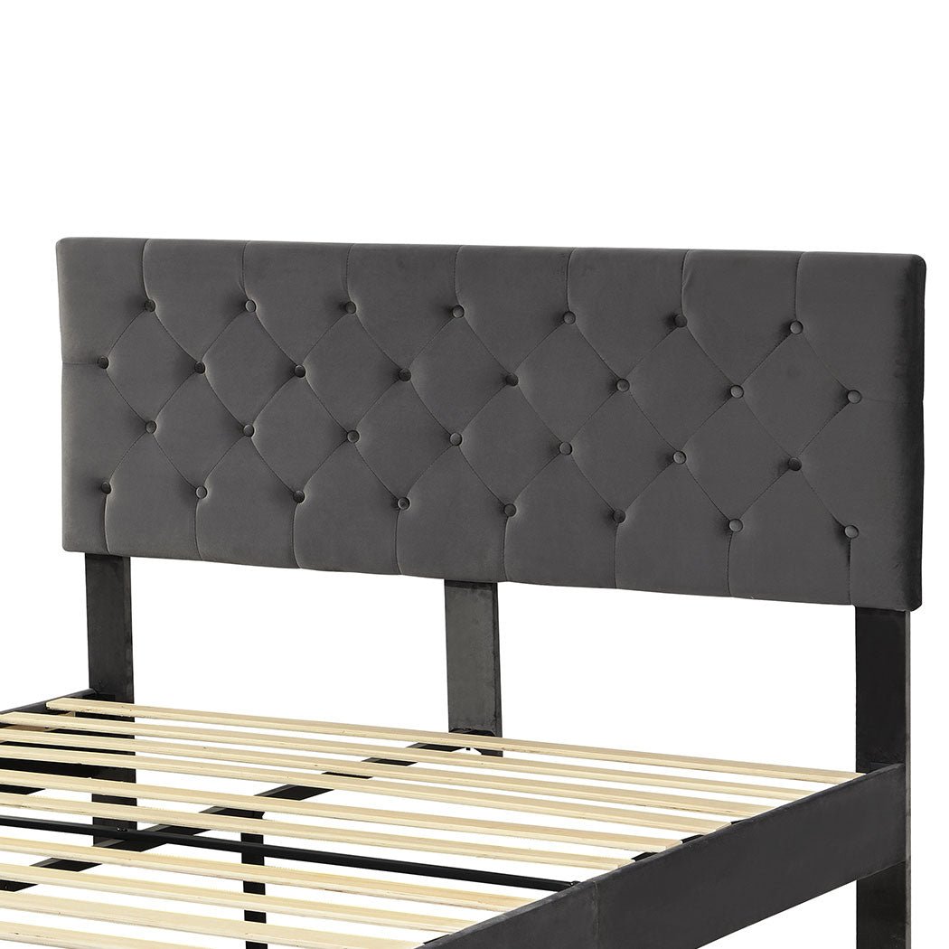 Elara Queen Bed Frame with Velvet Headboard – Grey - Rivercity House & Home Co. (ABN 18 642 972 209) - Affordable Modern Furniture Australia