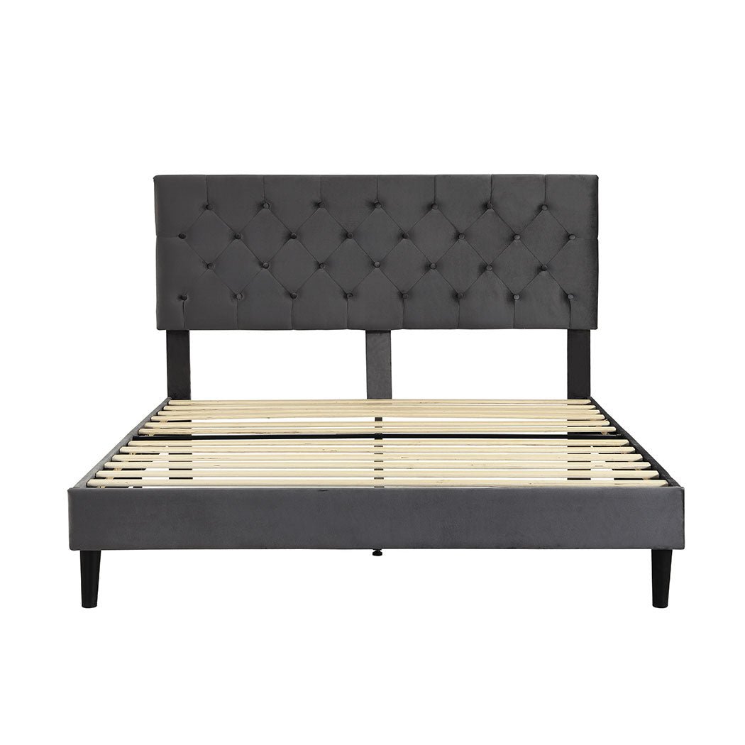 Elara Queen Bed Frame with Velvet Headboard – Grey - Rivercity House & Home Co. (ABN 18 642 972 209) - Affordable Modern Furniture Australia