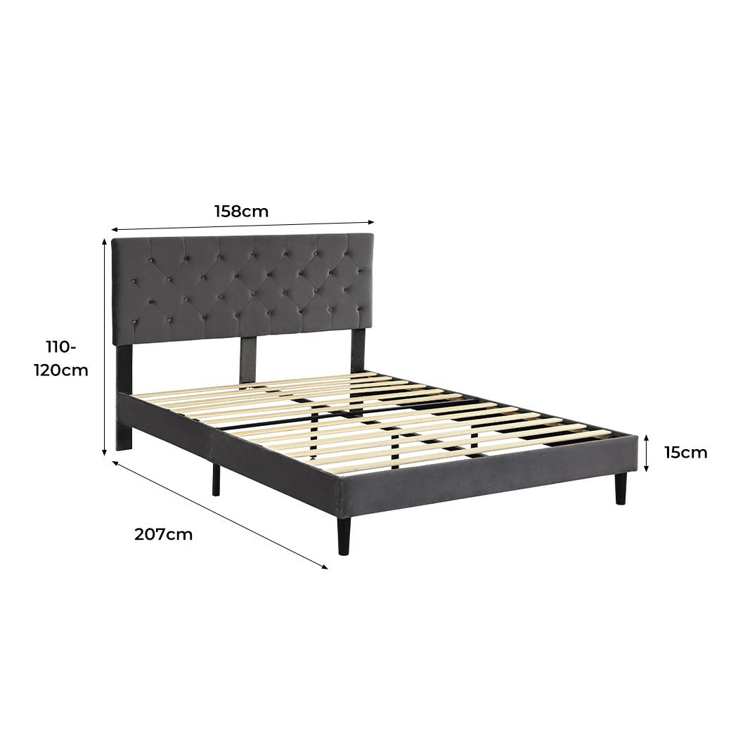 Elara Queen Bed Frame with Velvet Headboard – Grey - Rivercity House & Home Co. (ABN 18 642 972 209) - Affordable Modern Furniture Australia
