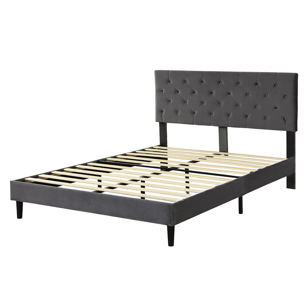 Elara Queen Bed Frame with Velvet Headboard – Grey - Rivercity House & Home Co. (ABN 18 642 972 209) - Affordable Modern Furniture Australia