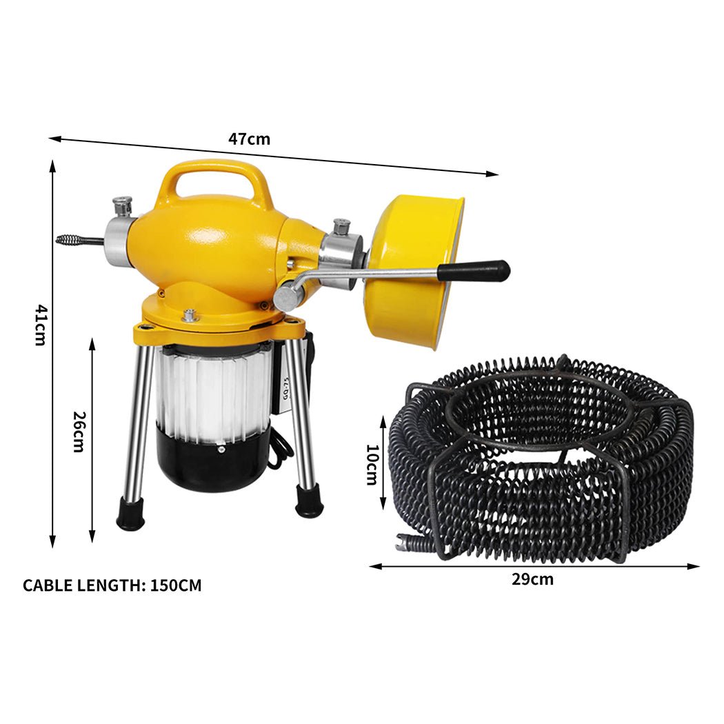 Electric Drain Cleaner Machine Snake 20 - 200mm with 12m Cable - Yellow - Rivercity House & Home Co. (ABN 18 642 972 209) - Affordable Modern Furniture Australia