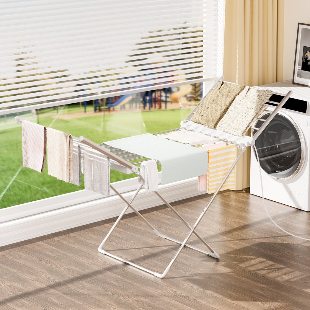 Electric Heated Folding Dryer Rack with 20 Rods and 12.5m Drying Space - Silver - Rivercity House & Home Co. (ABN 18 642 972 209) - Affordable Modern Furniture Australia