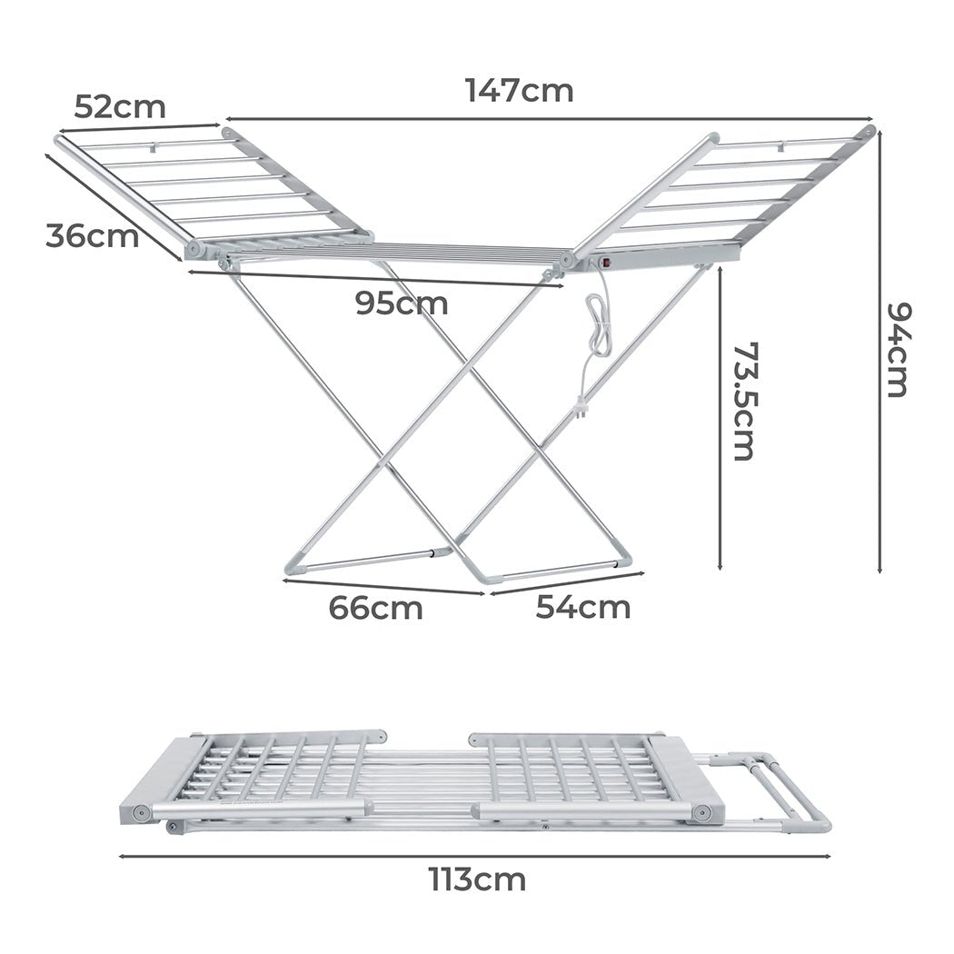 Electric Heated Folding Dryer Rack with 20 Rods and 12.5m Drying Space - Silver - Rivercity House & Home Co. (ABN 18 642 972 209) - Affordable Modern Furniture Australia