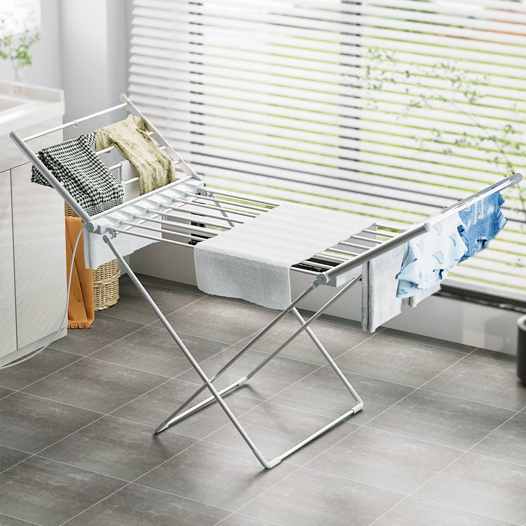 Electric Heated Folding Dryer Rack with 20 Rods and 12.5m Drying Space - Silver - Rivercity House & Home Co. (ABN 18 642 972 209) - Affordable Modern Furniture Australia