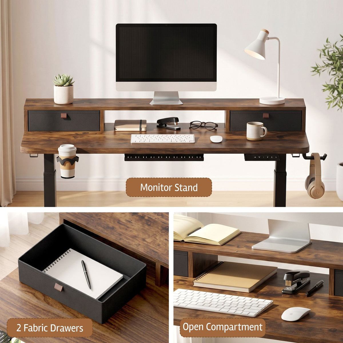 Electric Height Adjustable Standing Desk with Digital Control Panel and Storage - Rustic Brown - Furniture > Office > Desks - Rivercity House & Home Co. (ABN 18 642 972 209) - Affordable Modern Furniture Australia