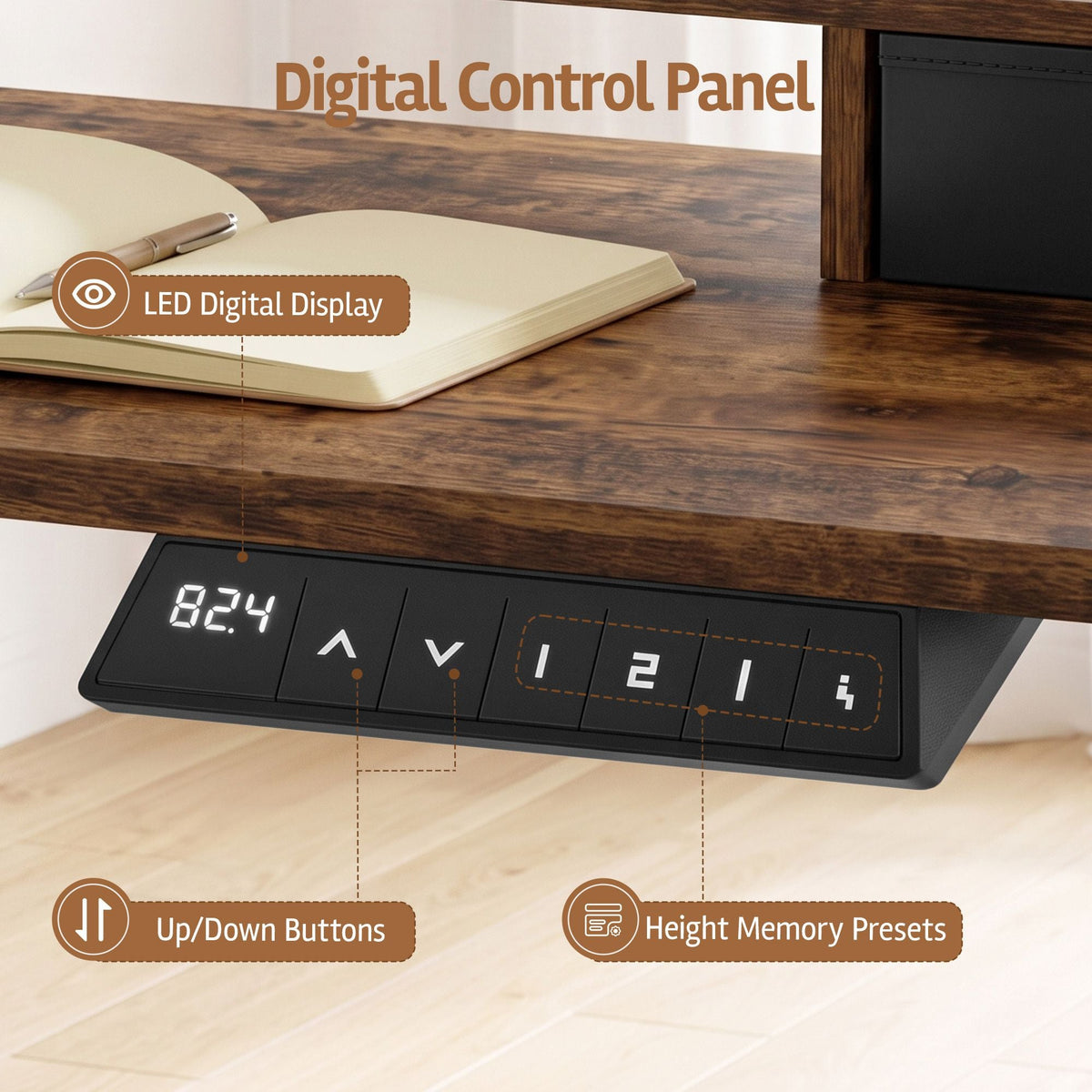Electric Height Adjustable Standing Desk with Digital Control Panel and Storage - Rustic Brown - Furniture > Office > Desks - Rivercity House & Home Co. (ABN 18 642 972 209) - Affordable Modern Furniture Australia