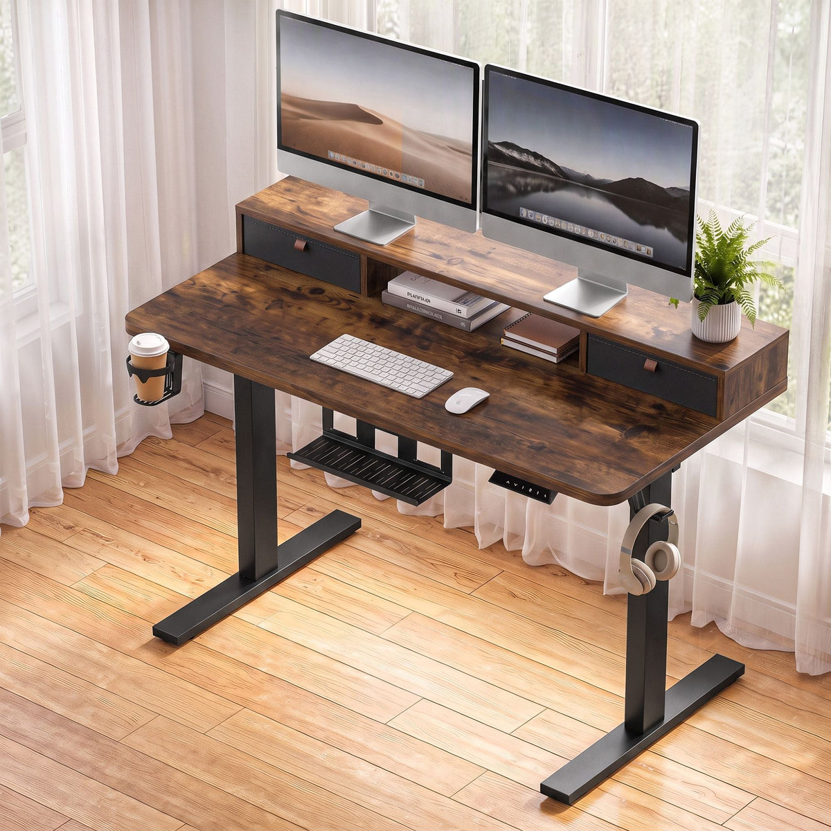 Electric Height Adjustable Standing Desk with Digital Control Panel and Storage - Rustic Brown - Furniture > Office > Desks - Rivercity House & Home Co. (ABN 18 642 972 209) - Affordable Modern Furniture Australia