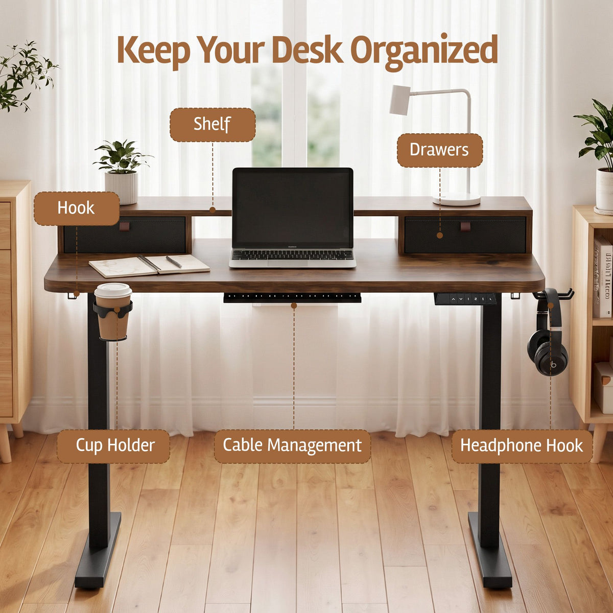 Electric Height Adjustable Standing Desk with Digital Control Panel and Storage - Rustic Brown - Furniture > Office > Desks - Rivercity House & Home Co. (ABN 18 642 972 209) - Affordable Modern Furniture Australia