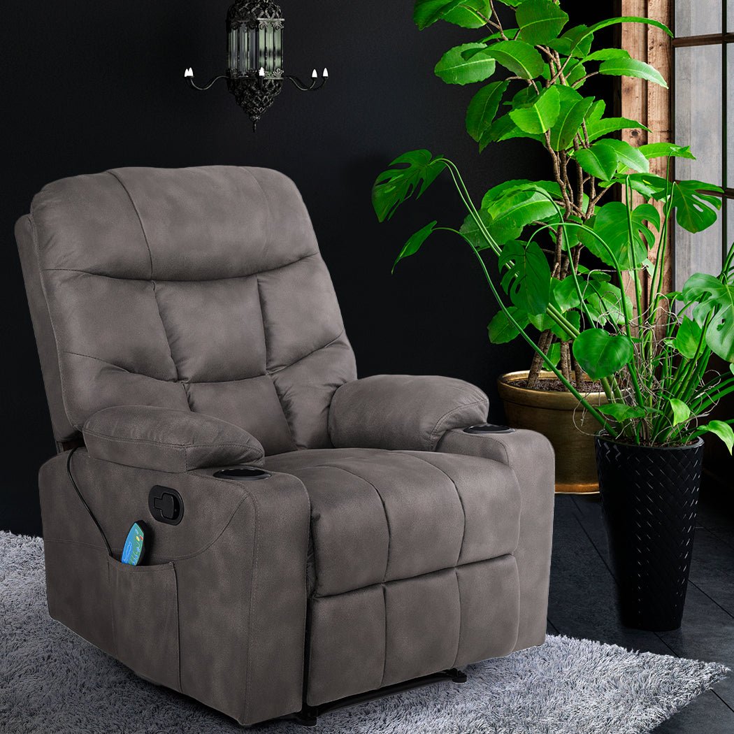 Electric Massage Recliner Chair 8 - Point with Heat and Cup Holders - Grey - Rivercity House & Home Co. (ABN 18 642 972 209) - Affordable Modern Furniture Australia