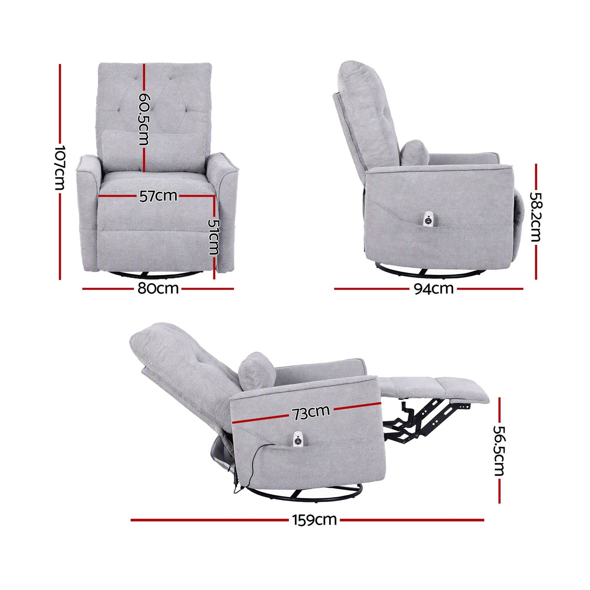 Electric Massage Recliner Chair with 270° Swivel, Heat & Remote Control - Grey - Furniture > Bar Stools & Chairs > Arm Chairs & Recliners - Rivercity House & Home Co. (ABN 18 642 972 209) - Affordable Modern Furniture Australia