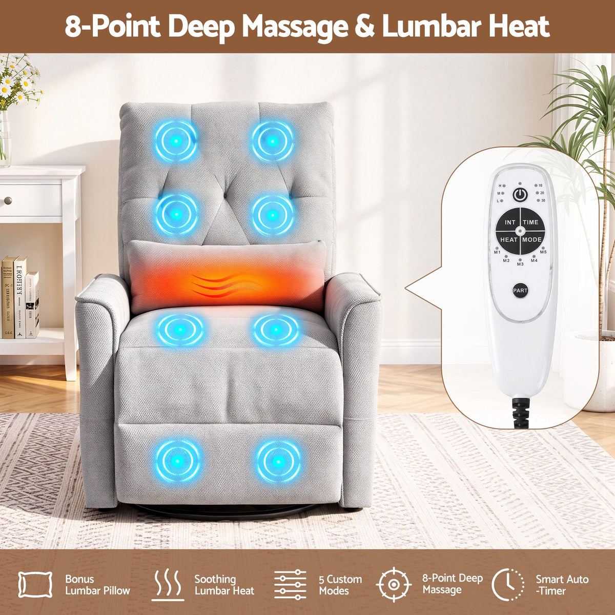 Electric Massage Recliner Chair with 270° Swivel, Heat & Remote Control - Grey - Furniture > Bar Stools & Chairs > Arm Chairs & Recliners - Rivercity House & Home Co. (ABN 18 642 972 209) - Affordable Modern Furniture Australia