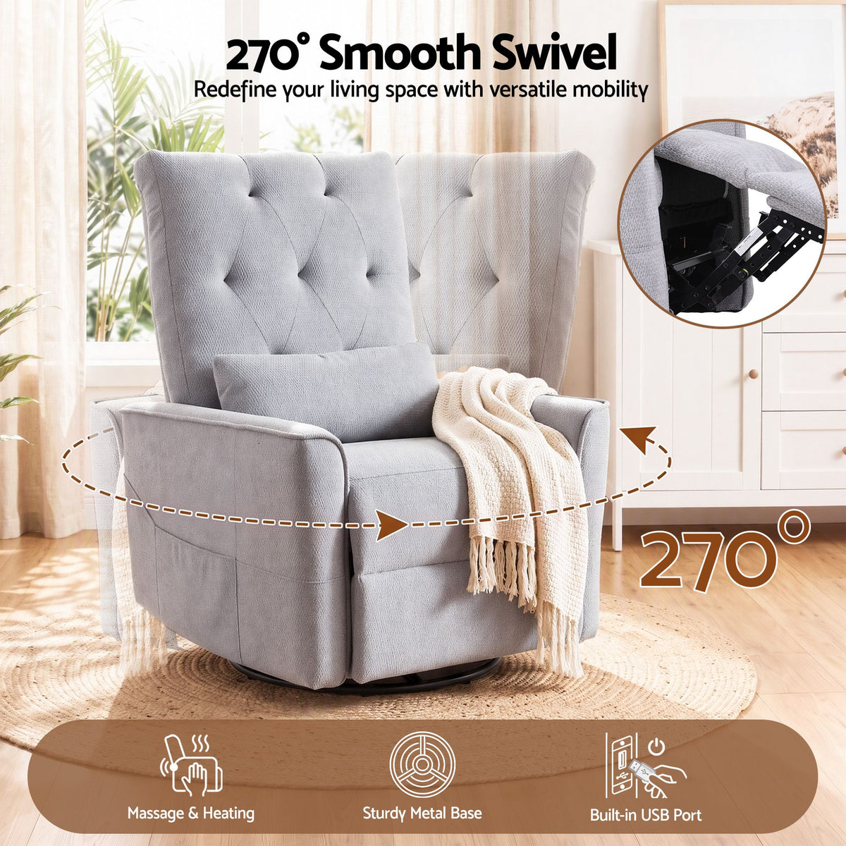 Electric Massage Recliner Chair with 270° Swivel, Heat & Remote Control - Grey - Furniture > Bar Stools & Chairs > Arm Chairs & Recliners - Rivercity House & Home Co. (ABN 18 642 972 209) - Affordable Modern Furniture Australia