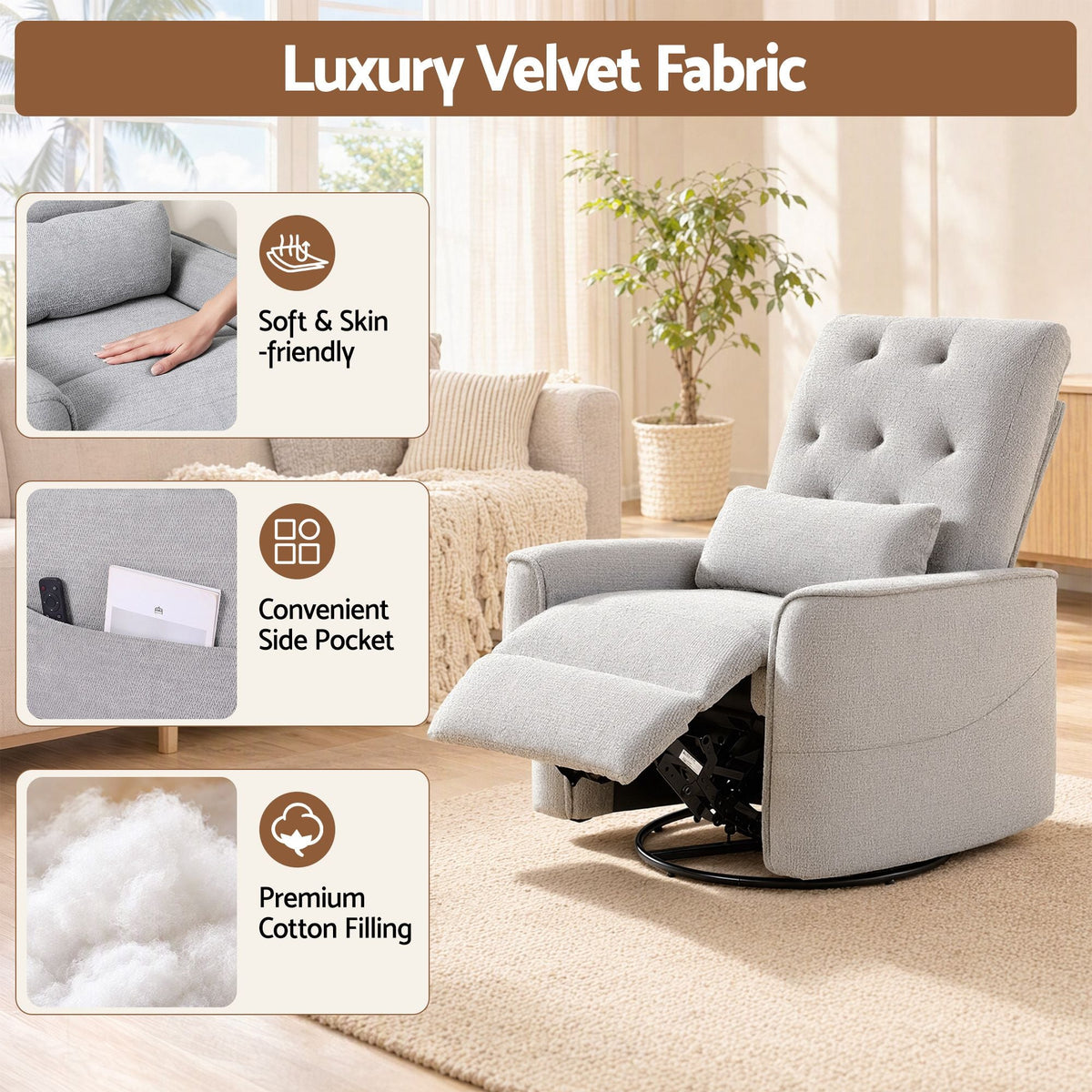 Electric Massage Recliner Chair with 270° Swivel, Heat & Remote Control - Grey - Furniture > Bar Stools & Chairs > Arm Chairs & Recliners - Rivercity House & Home Co. (ABN 18 642 972 209) - Affordable Modern Furniture Australia