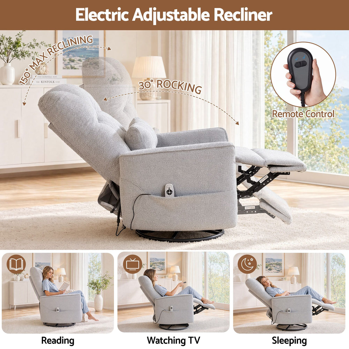 Electric Massage Recliner Chair with 270° Swivel, Heat & Remote Control - Grey - Furniture > Bar Stools & Chairs > Arm Chairs & Recliners - Rivercity House & Home Co. (ABN 18 642 972 209) - Affordable Modern Furniture Australia