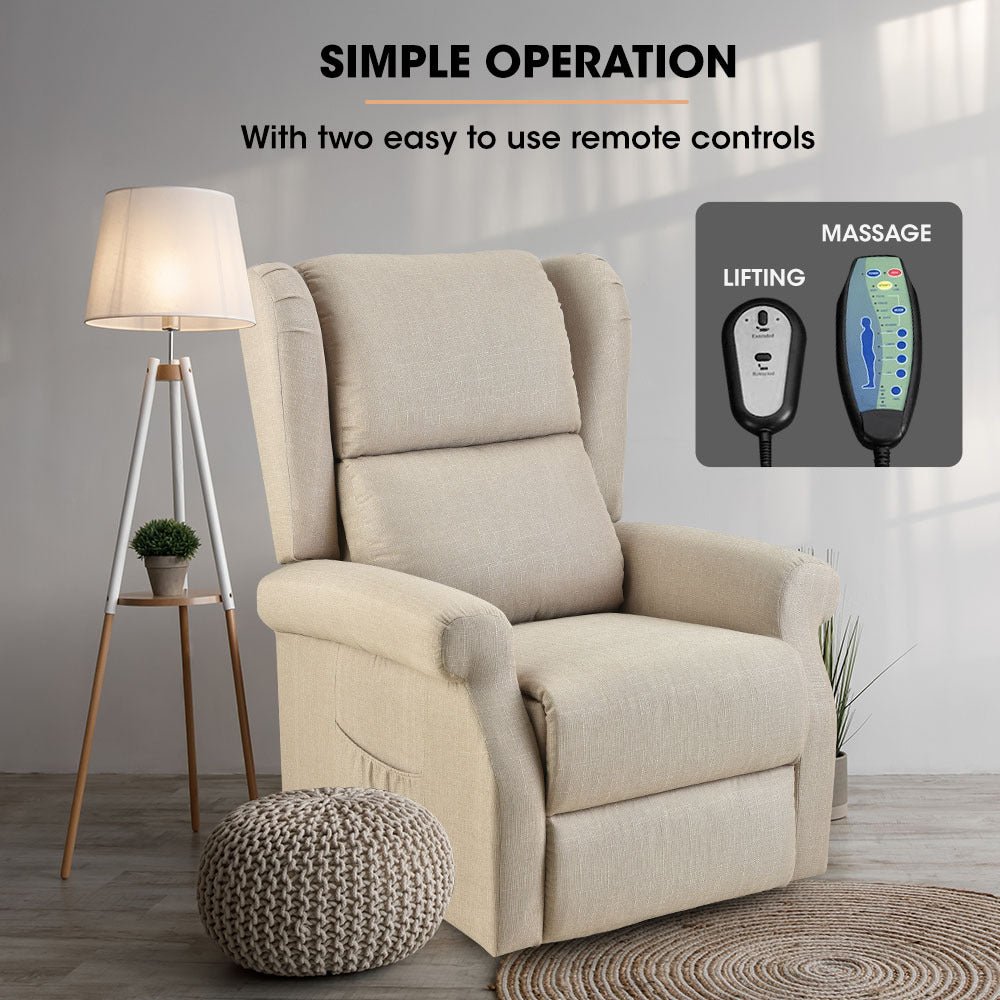 Electric Recliner Lift Chair with Massage and Heat Therapy for Elderly - Beige - Furniture > Bar Stools & Chairs > Massage Chairs - Rivercity House & Home Co. (ABN 18 642 972 209) - Affordable Modern Furniture Australia