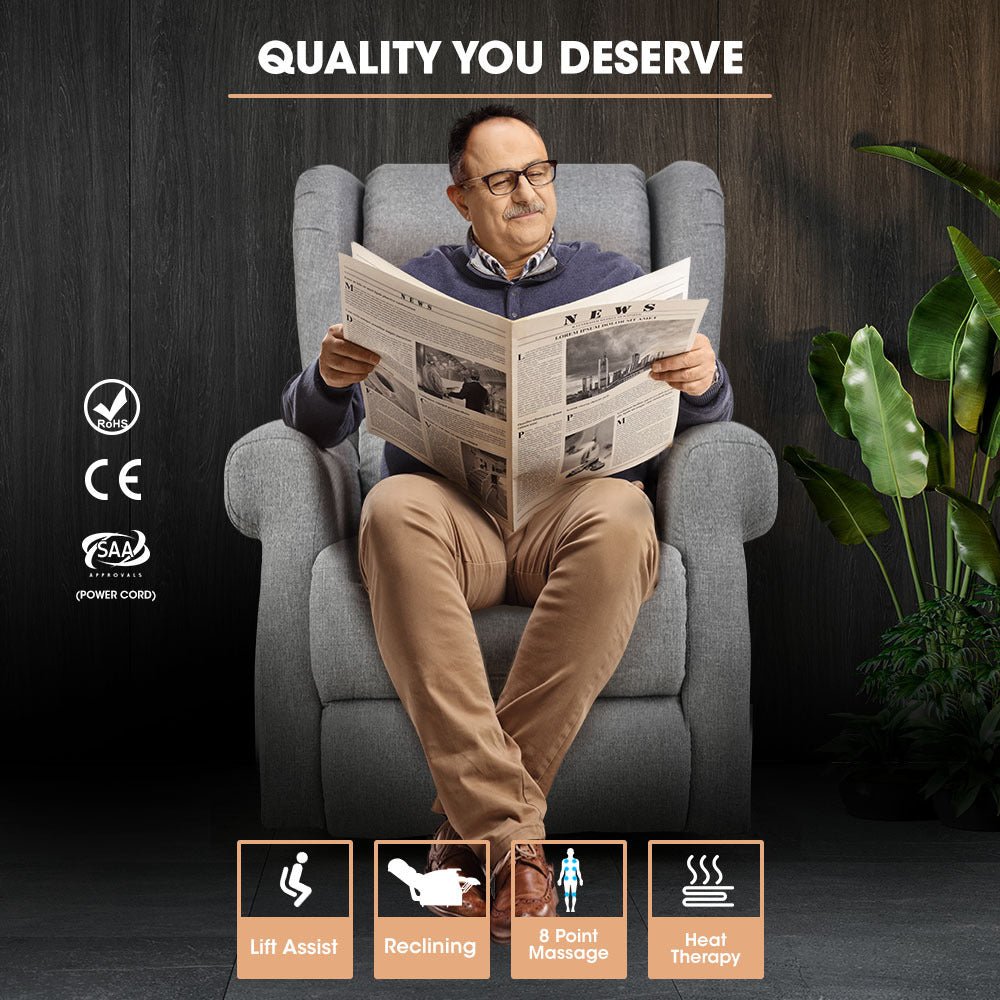 Electric Recliner Lift Chair with Massage and Heat Therapy for Elderly - Grey - Furniture > Bar Stools & Chairs > Massage Chairs - Rivercity House & Home Co. (ABN 18 642 972 209) - Affordable Modern Furniture Australia