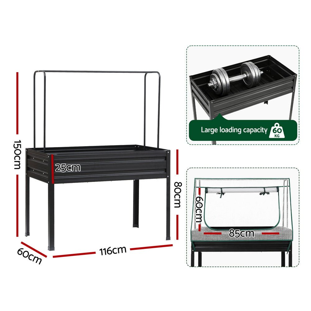 Elevated Metal Garden Bed Kit w Mini Greenhouse Cover 116x60cm Stand - Up Height Trellis - Home & Garden > Garden Beds > Garden Beds & Planters - Rivercity House & Home Co. (ABN 18 642 972 209) - Affordable Modern Furniture Australia