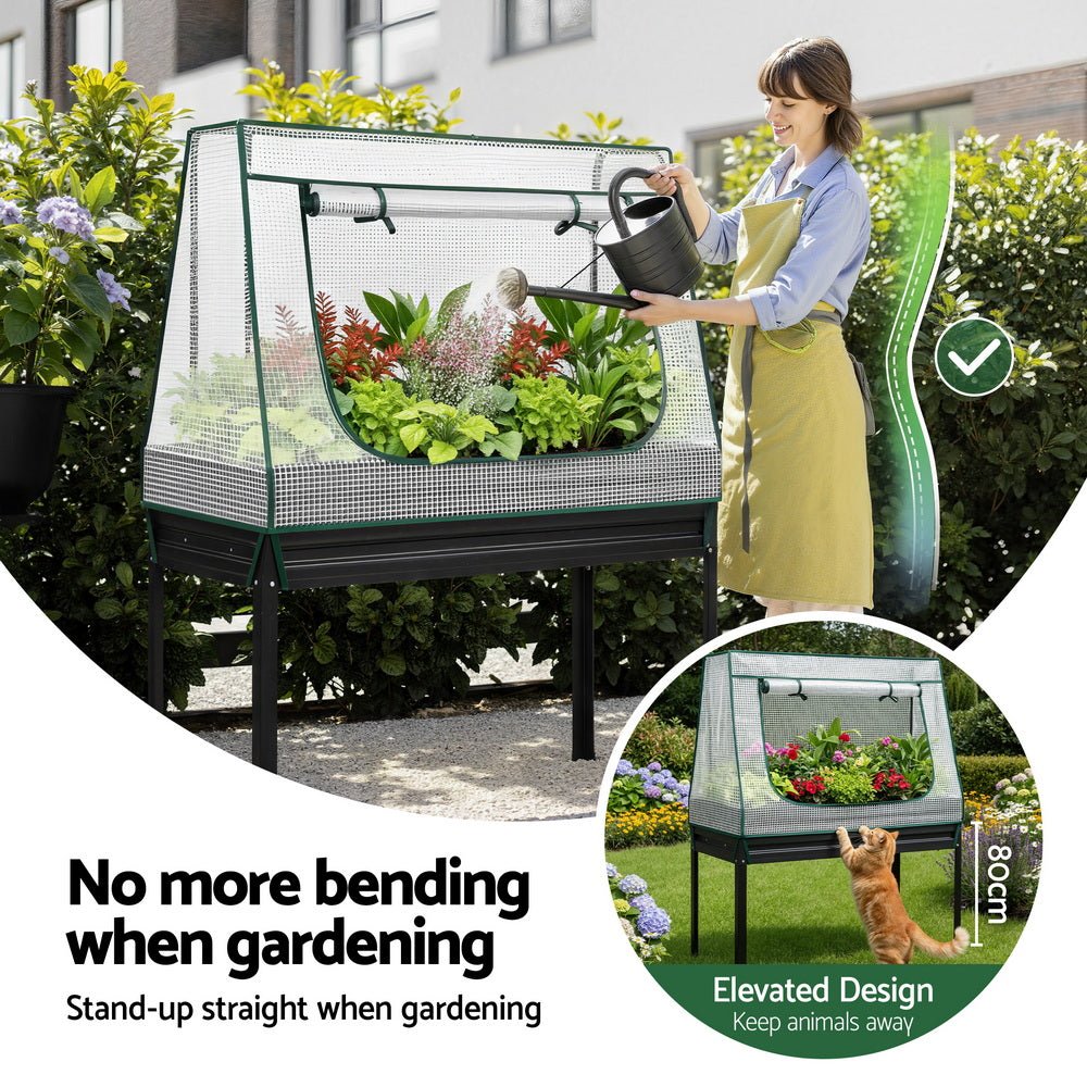 Elevated Metal Garden Bed Kit w Mini Greenhouse Cover 116x60cm Stand - Up Height Trellis - Home & Garden > Garden Beds > Garden Beds & Planters - Rivercity House & Home Co. (ABN 18 642 972 209) - Affordable Modern Furniture Australia