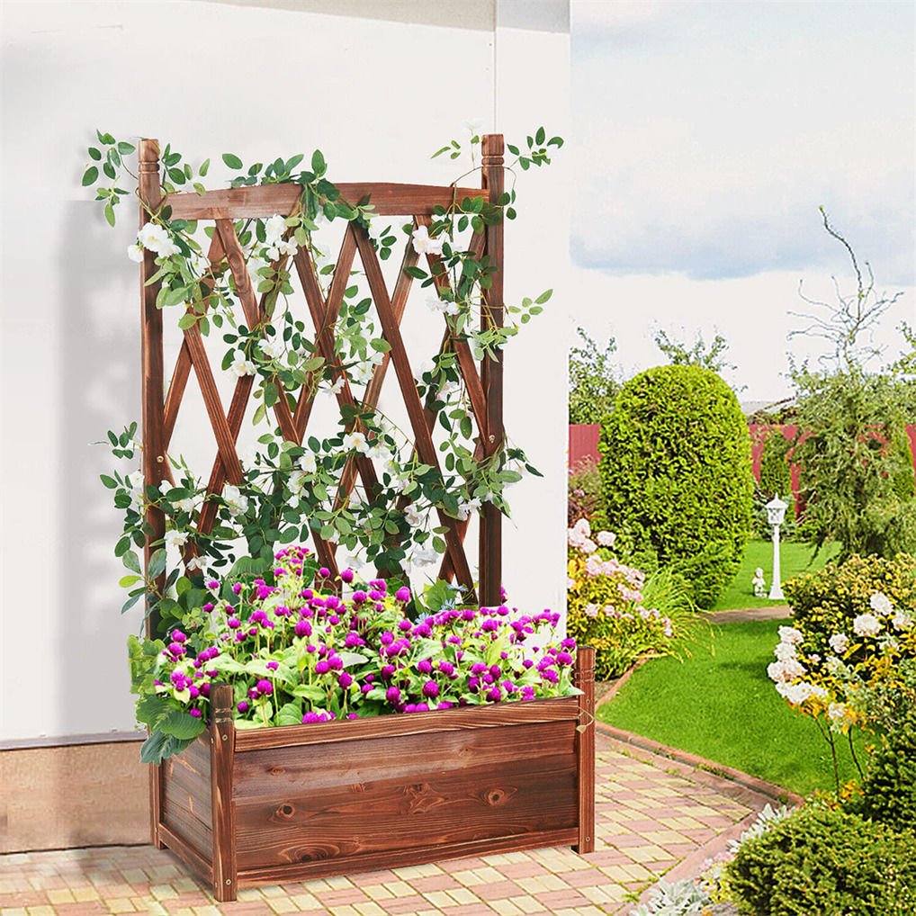 Elevated Wooden Planter Box with Trellis L-64x36.5x115cm - Carbonised Brown - Home & Garden > Decor > Garden Ornaments - Rivercity House & Home Co. (ABN 18 642 972 209) - Affordable Modern Furniture Australia