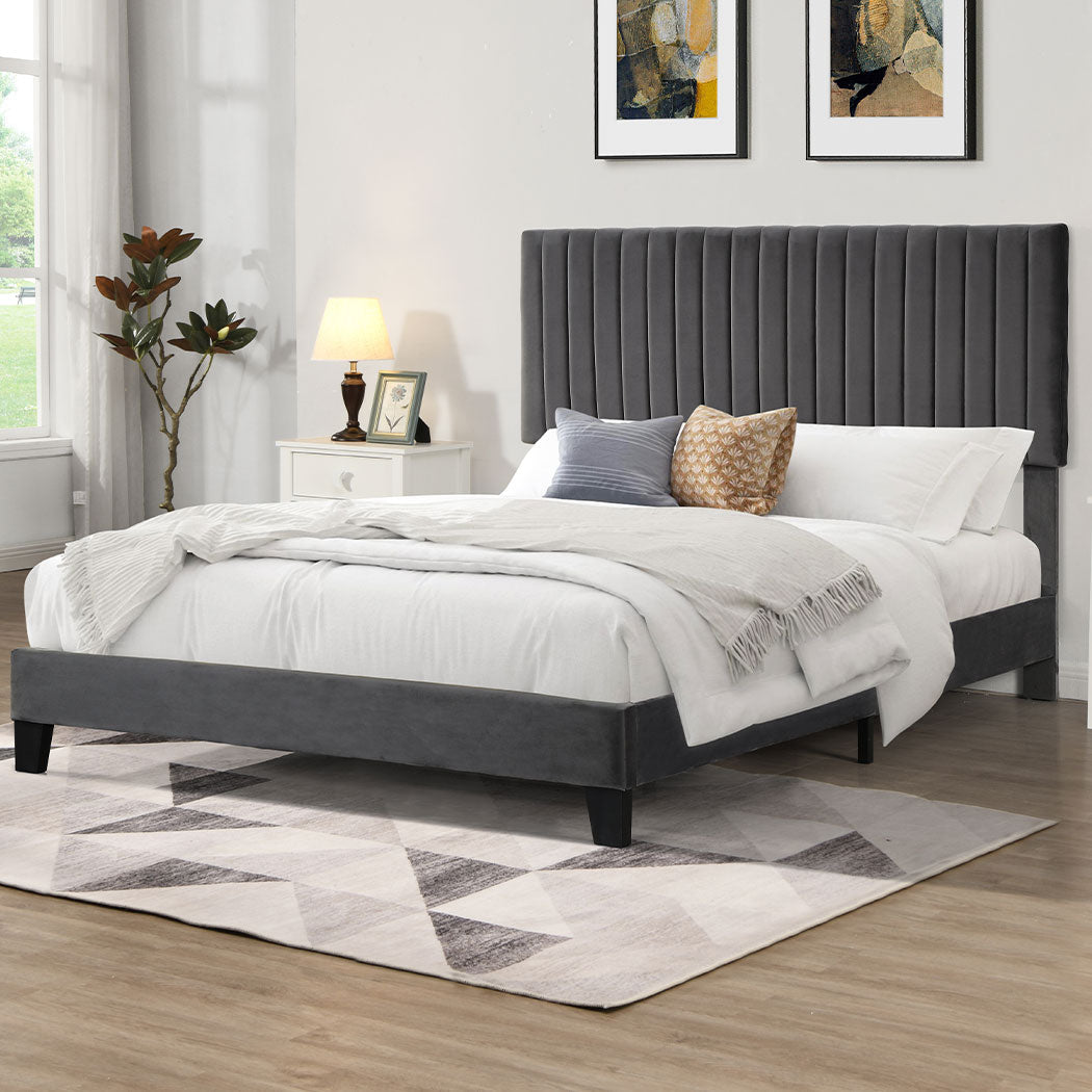 Eli Queen Bed Frame with Velvet Headboard – Grey - Rivercity House & Home Co. (ABN 18 642 972 209) - Affordable Modern Furniture Australia