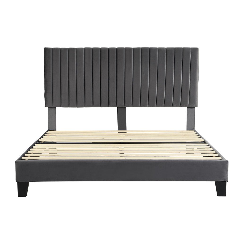 Eli Queen Bed Frame with Velvet Headboard – Grey - Rivercity House & Home Co. (ABN 18 642 972 209) - Affordable Modern Furniture Australia
