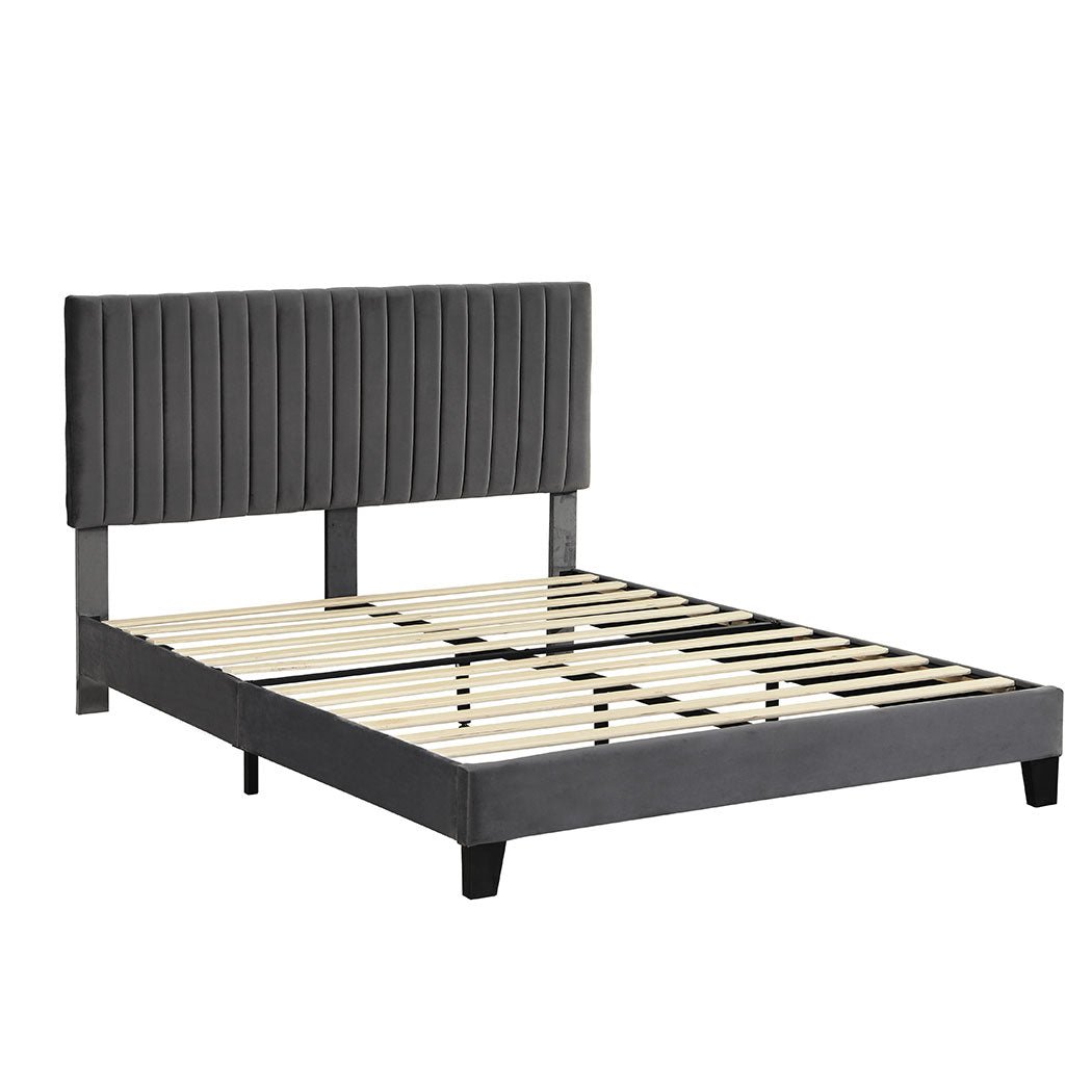 Eli Queen Bed Frame with Velvet Headboard – Grey - Rivercity House & Home Co. (ABN 18 642 972 209) - Affordable Modern Furniture Australia