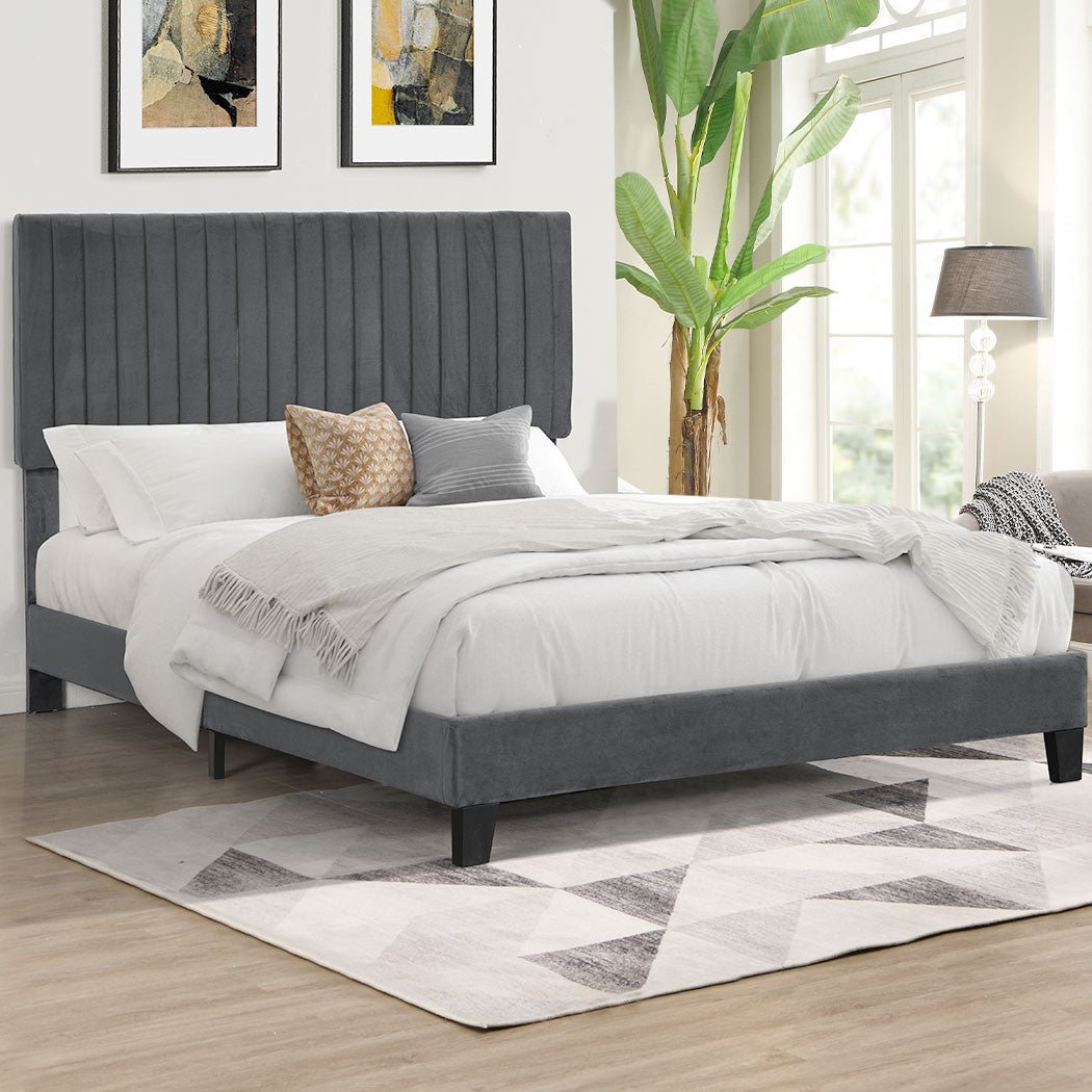 Eli Queen Bed Frame with Velvet Headboard – Grey - Rivercity House & Home Co. (ABN 18 642 972 209) - Affordable Modern Furniture Australia