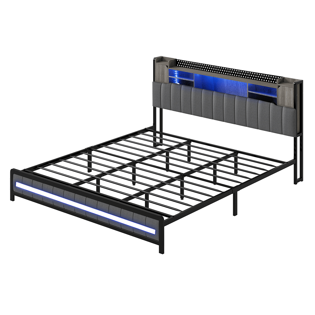 Elmore King LED Bed Frame with Storage Headboard and USB Charging - Grey - Rivercity House & Home Co. (ABN 18 642 972 209) - Affordable Modern Furniture Australia