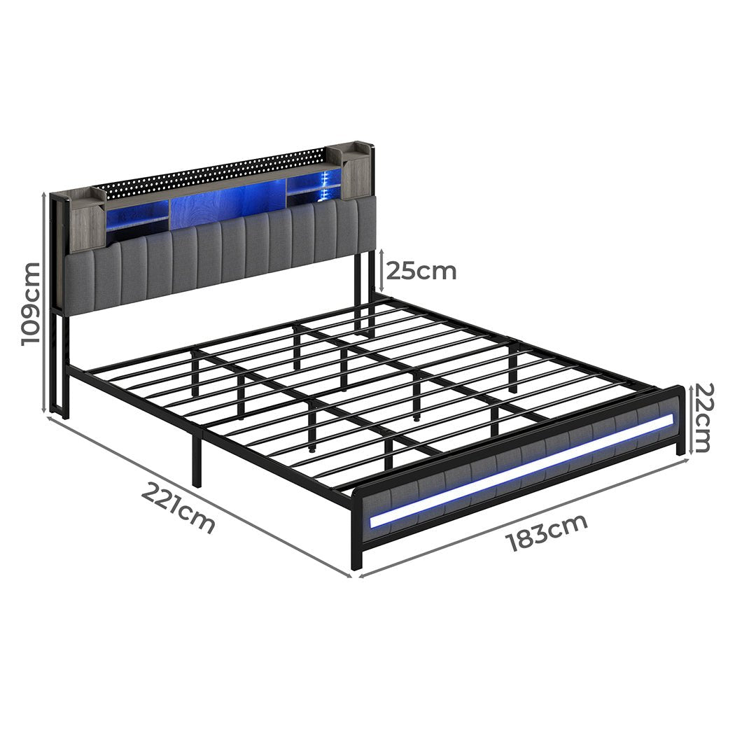 Elmore King LED Bed Frame with Storage Headboard and USB Charging - Grey - Rivercity House & Home Co. (ABN 18 642 972 209) - Affordable Modern Furniture Australia
