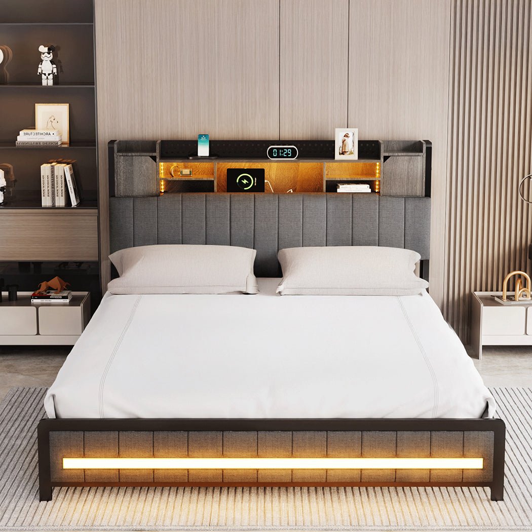 Elmore King LED Bed Frame with Storage Headboard and USB Charging - Grey - Rivercity House & Home Co. (ABN 18 642 972 209) - Affordable Modern Furniture Australia