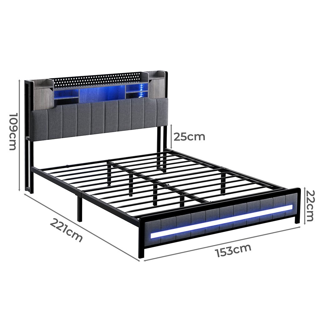 Elmore Queen LED Storage Bed Frame – Grey Linen - Rivercity House & Home Co. (ABN 18 642 972 209) - Affordable Modern Furniture Australia