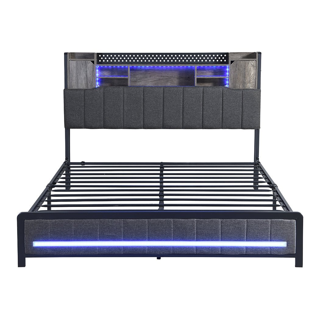 Elmore Queen LED Storage Bed Frame – Grey Linen - Rivercity House & Home Co. (ABN 18 642 972 209) - Affordable Modern Furniture Australia