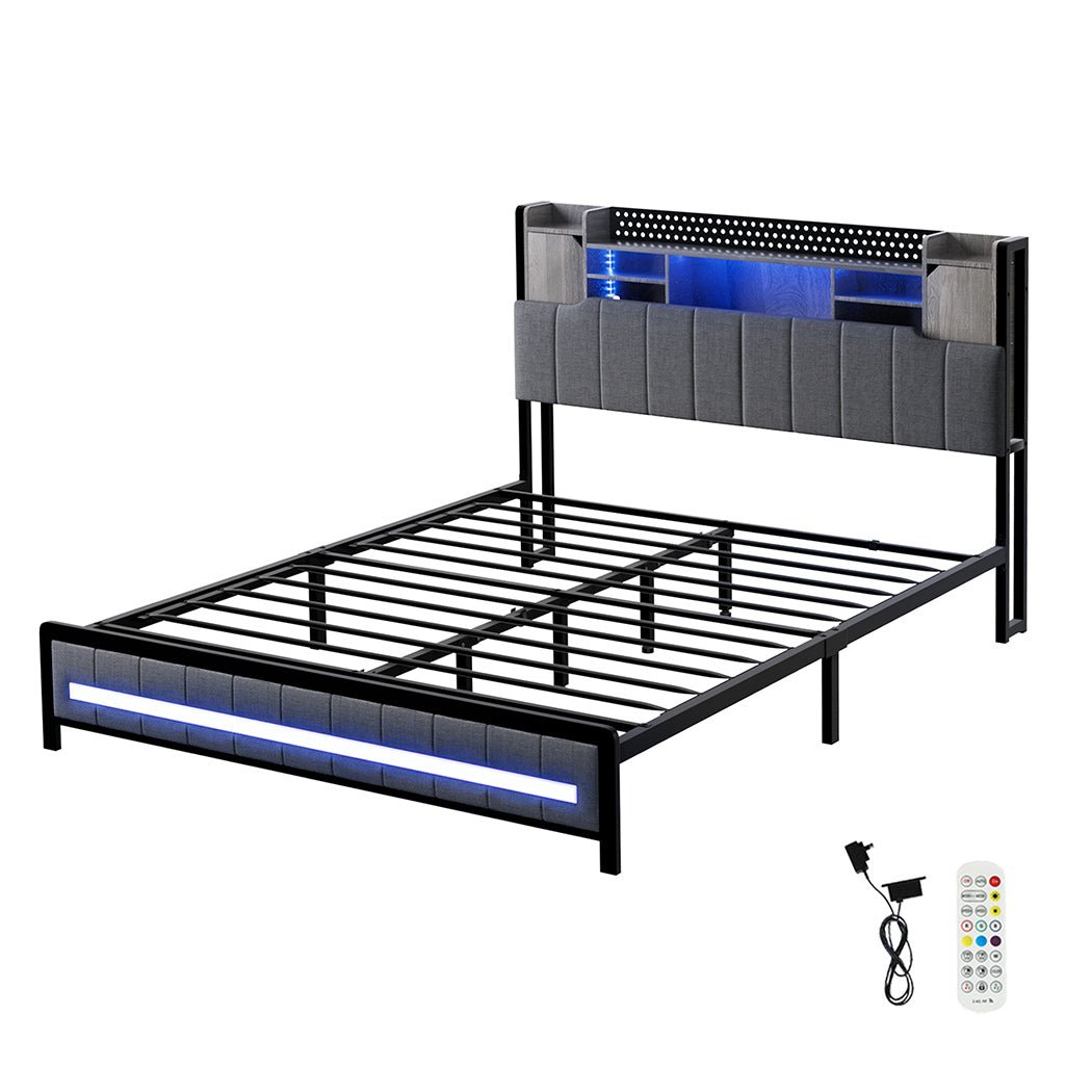 Elmore Queen LED Storage Bed Frame – Grey Linen - Rivercity House & Home Co. (ABN 18 642 972 209) - Affordable Modern Furniture Australia