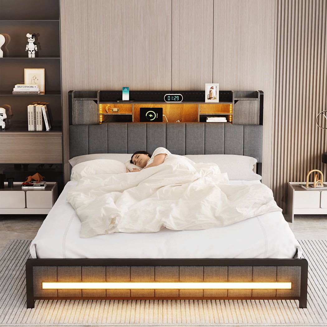 Elmore Queen LED Storage Bed Frame – Grey Linen - Rivercity House & Home Co. (ABN 18 642 972 209) - Affordable Modern Furniture Australia