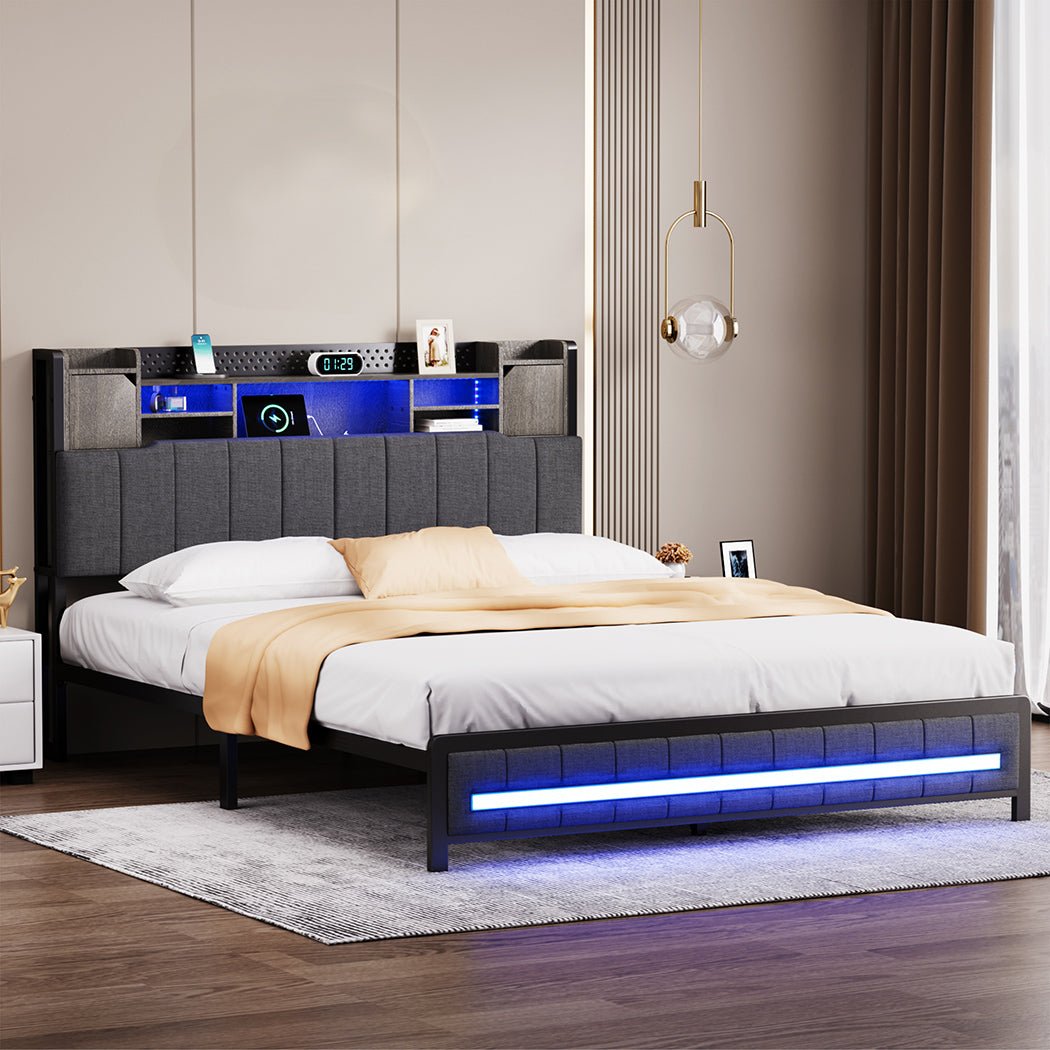 Elmore Queen LED Storage Bed Frame – Grey Linen - Rivercity House & Home Co. (ABN 18 642 972 209) - Affordable Modern Furniture Australia