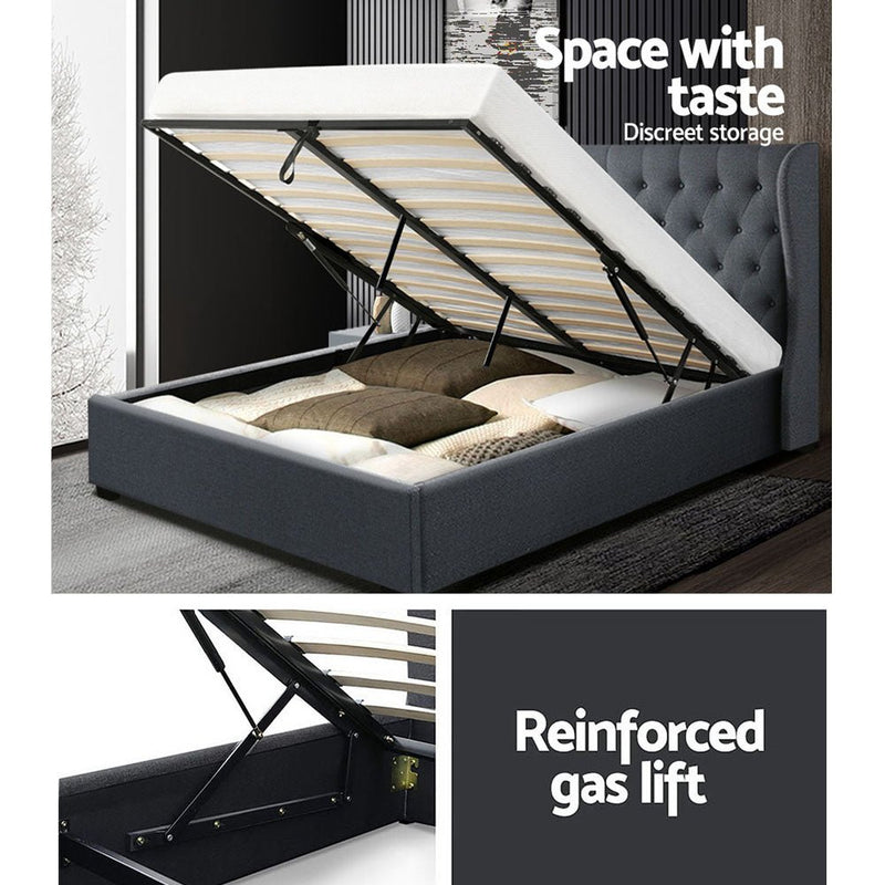 Elouera Queen Bed Frame With Gas Lift Storage Charcoal - Rivercity House & Home Co. (ABN 18 642 972 209) - Affordable Modern Furniture Australia