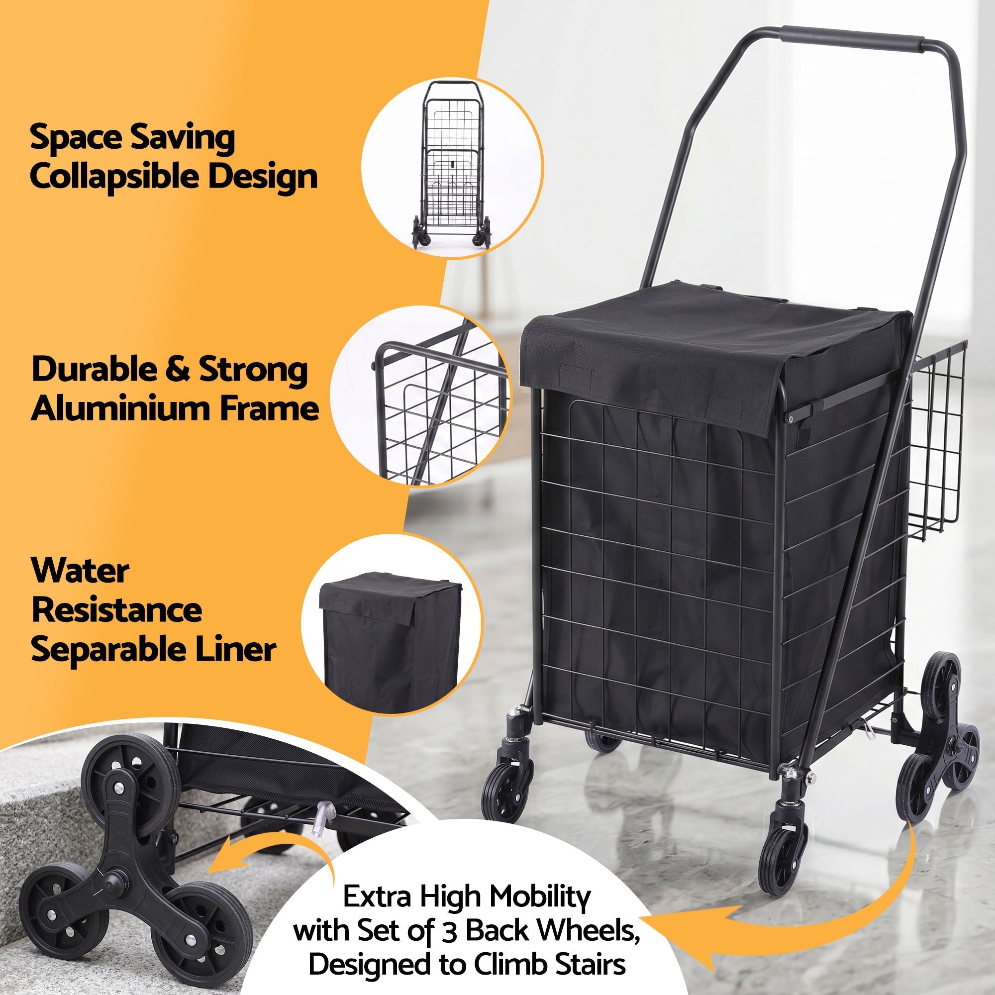 Emajin Shopping Trolley Cart Folding Aluminium Utility Cart Black - Furniture > Dining > Kitchen & Dining Trolleys - Rivercity House & Home Co. (ABN 18 642 972 209) - Affordable Modern Furniture Australia