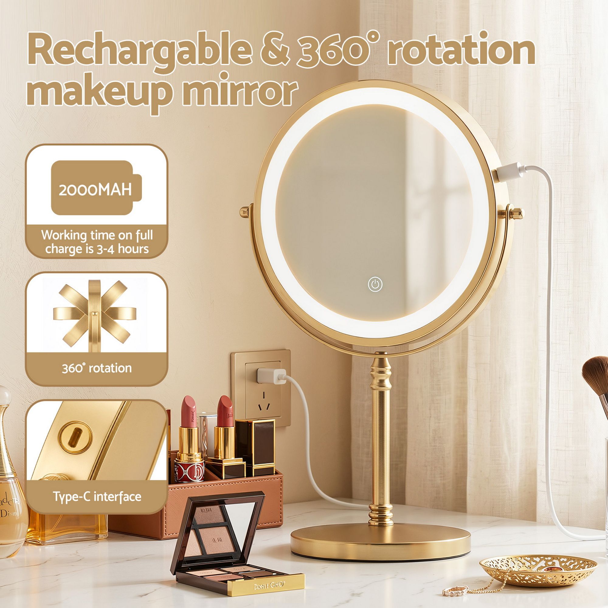 Embellir Lighted Makeup Mirror Rotation 10X Magnifying Double Sided Tabletop Gold - Health & Beauty > Makeup > Makeup Mirrors - Rivercity House & Home Co. (ABN 18 642 972 209) - Affordable Modern Furniture Australia