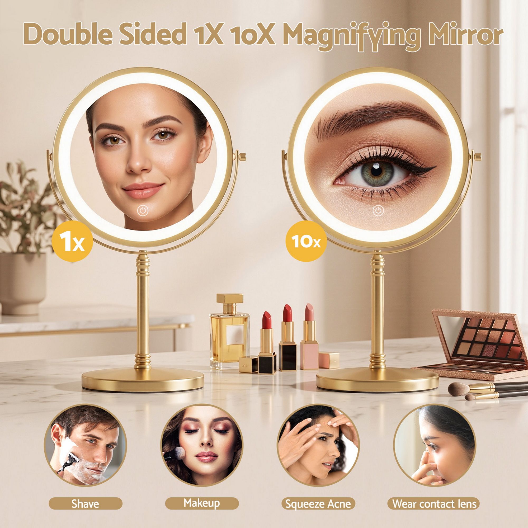Embellir Lighted Makeup Mirror Rotation 10X Magnifying Double Sided Tabletop Gold - Health & Beauty > Makeup > Makeup Mirrors - Rivercity House & Home Co. (ABN 18 642 972 209) - Affordable Modern Furniture Australia